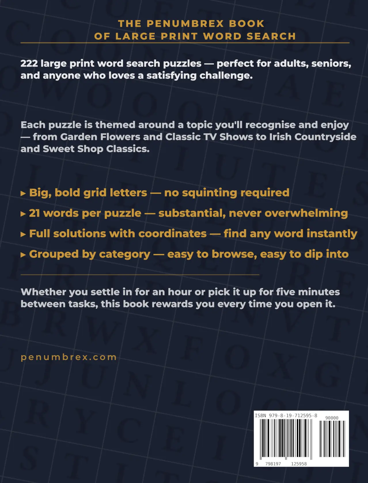 Back cover of The Penumbrex Book of Large Print Word Search — Volume 1