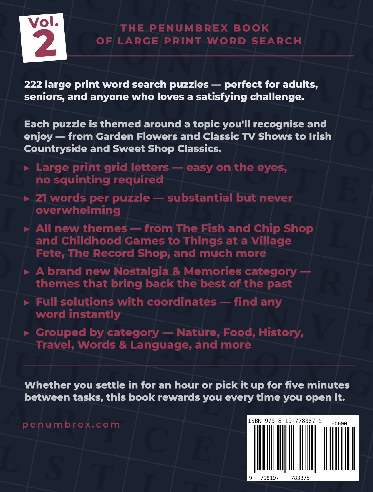 Back cover of The Penumbrex Book of Large Print Word Search — Volume 2