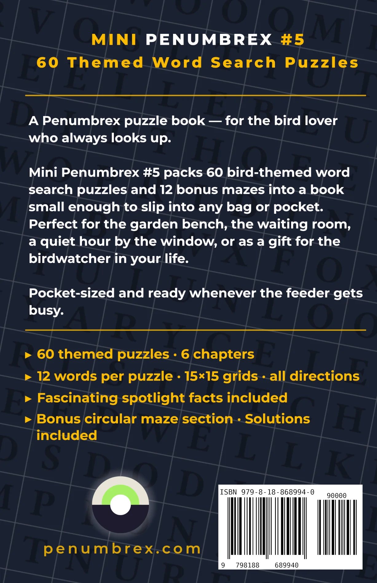 Back cover of Mini Penumbrex #5 — Birds — Word Search